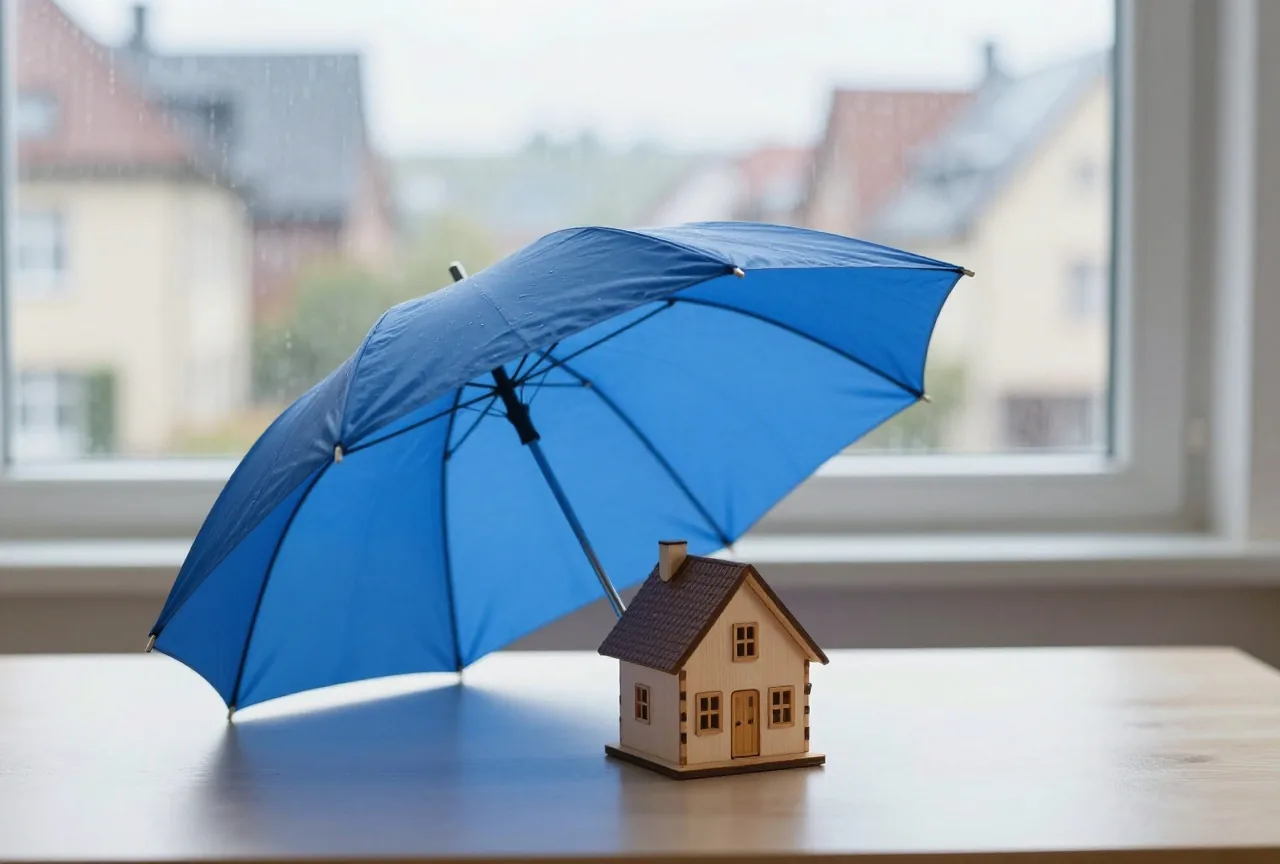 Ein kleines Holzmodell eines Hauses unter einem aufgespannten Regenschirm auf einem Tisch, dahinter ein verregnetes Fenster