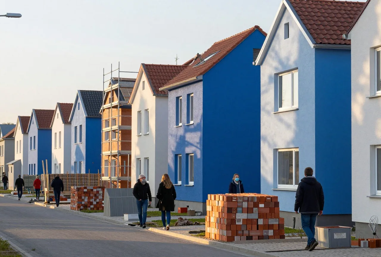 Eine Wohnstraße mit neu gebauten Einfamilienhäusern im Rohbau, Gerüste und gestapelte Ziegel im warmen Nachmittagslicht