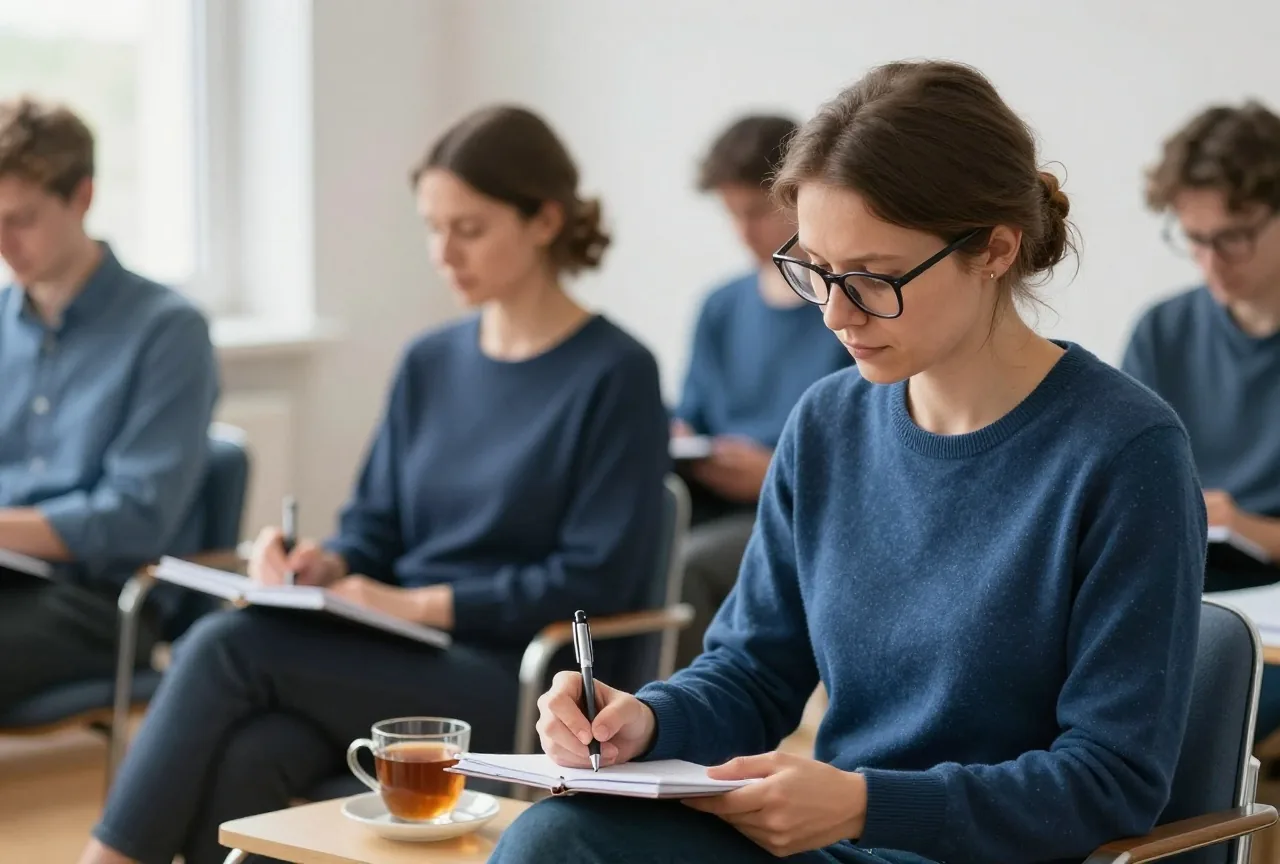 Eine Frau in den Dreißigern mit Lesebrille macht sich in einem ruhigen Beratungsraum Notizen, daneben eine Tasse Tee