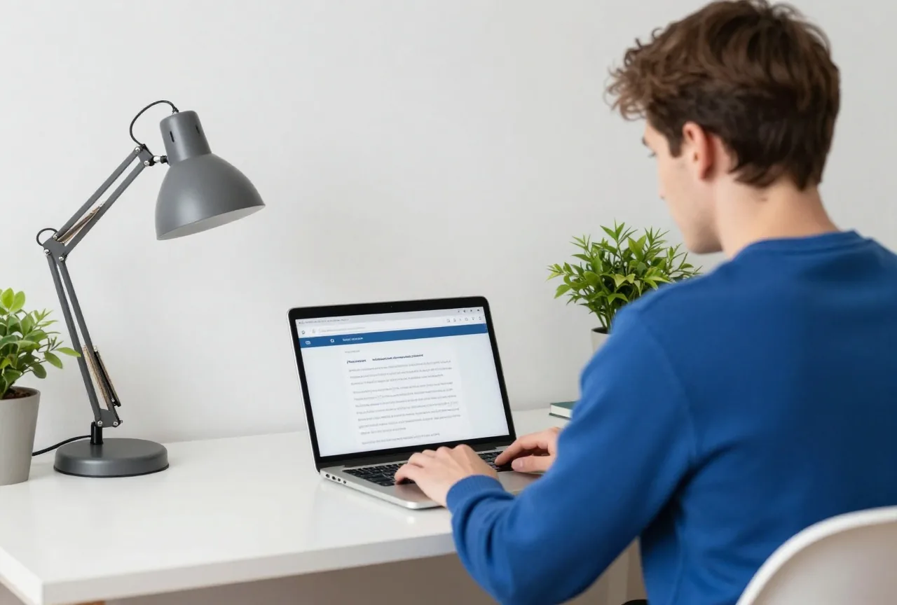 Eine Person von hinten an einem Schreibtisch mit Laptop, daneben Schreibtischlampe und Pflanze in einem gemütlichen Arbeitszimmer