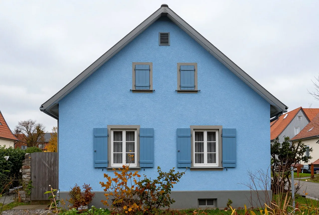 Ein älteres Einfamilienhaus mit geschlossenen Fensterläden und verwildertem Vorgarten im Spätherbst unter grauem Himmel