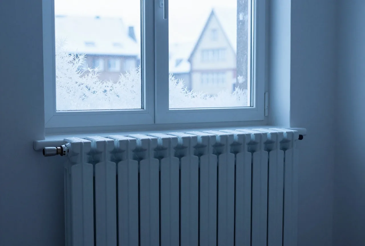 Ein Heizkörper in einem kalten, leeren Zimmer, an der Fensterscheibe Eisblumen im Morgenlicht