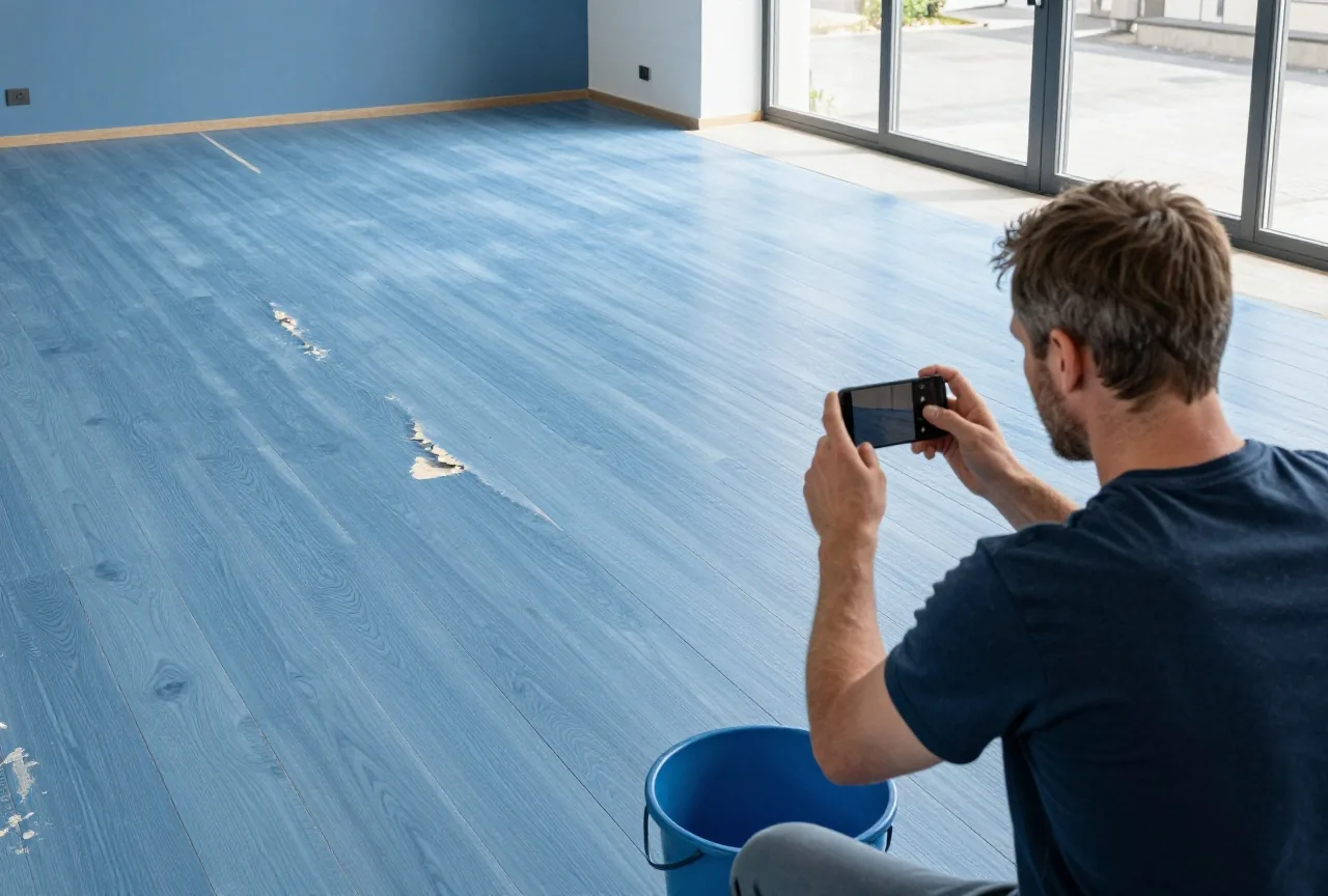 Ein Mann in den Vierzigern fotografiert einen nassen Holzboden, daneben ein Eimer, Tageslicht fällt ins Zimmer