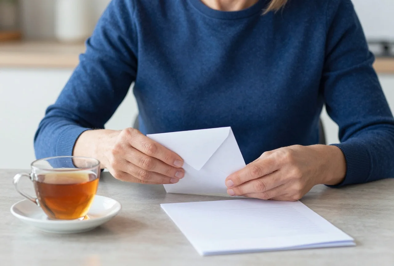 Eine Frau um die vierzig verschließt am Küchentisch einen Briefumschlag, daneben eine Tasse Tee