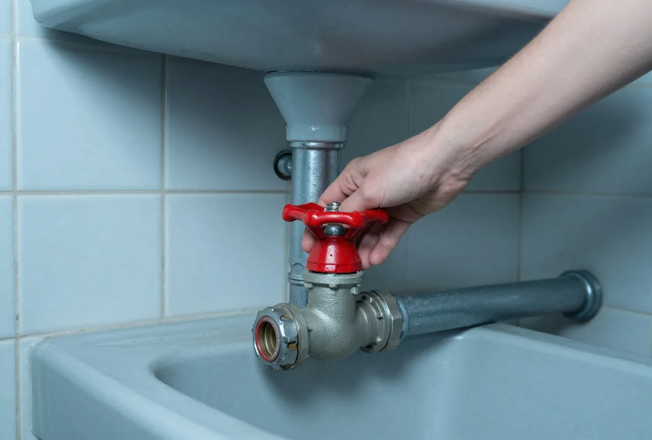 Eine Hand dreht im Keller den roten Haupthahn der Wasserleitung zu