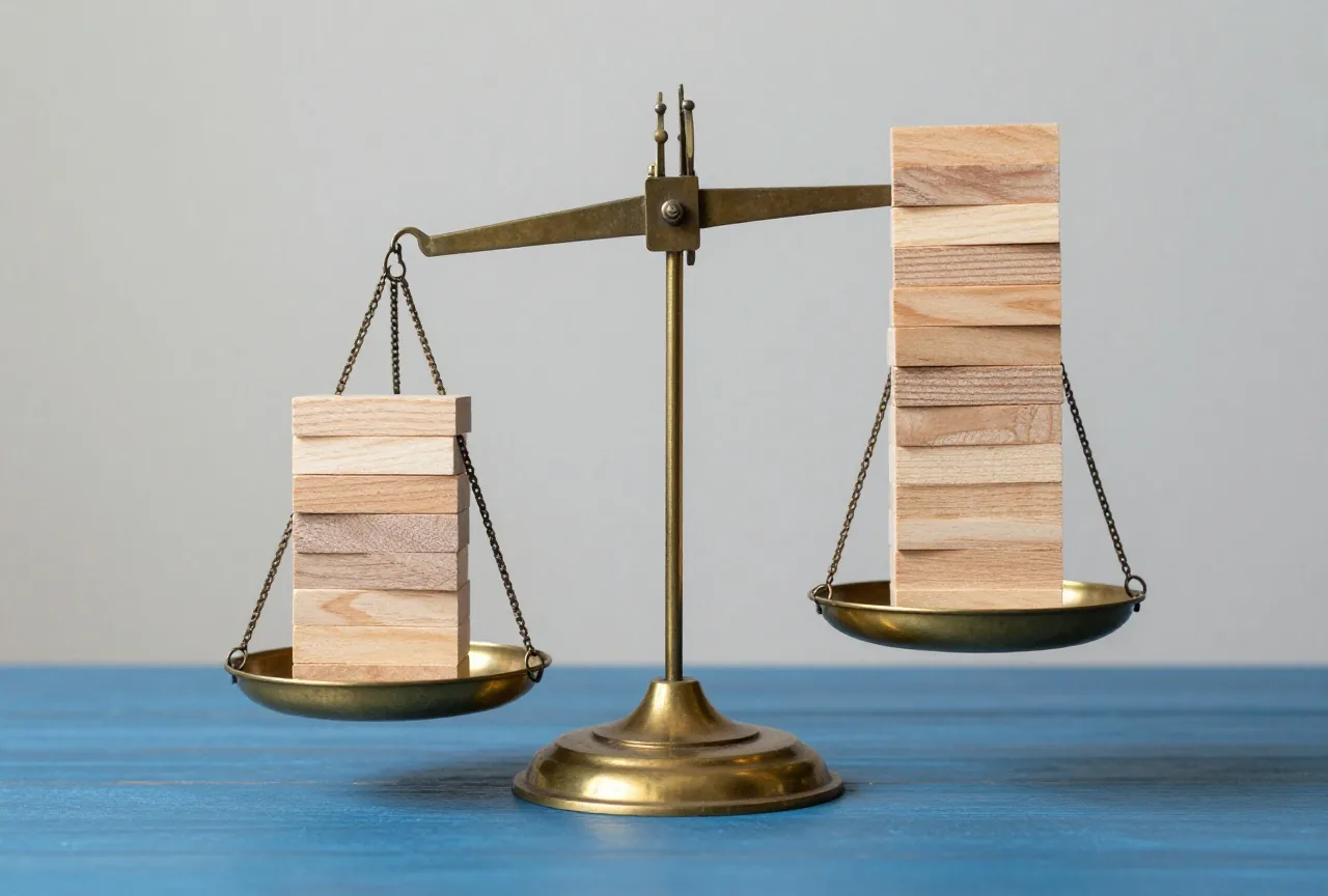 Eine Balkenwaage aus Messing mit einem kleinen und einem großen Stapel Holzklötze