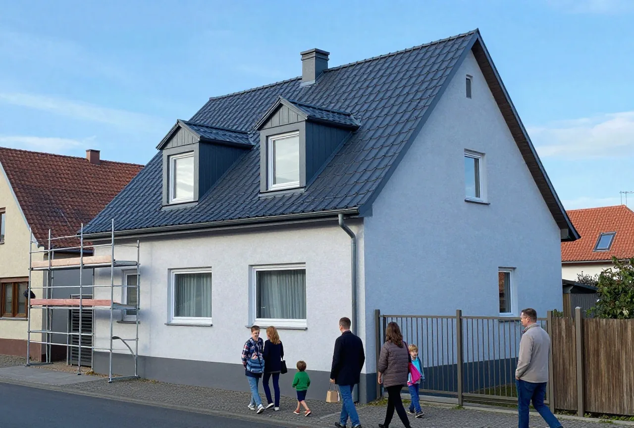 Ein Einfamilienhaus mit neuer Dachgaube und einem Gerüst an einer Seite unter blauem Himmel