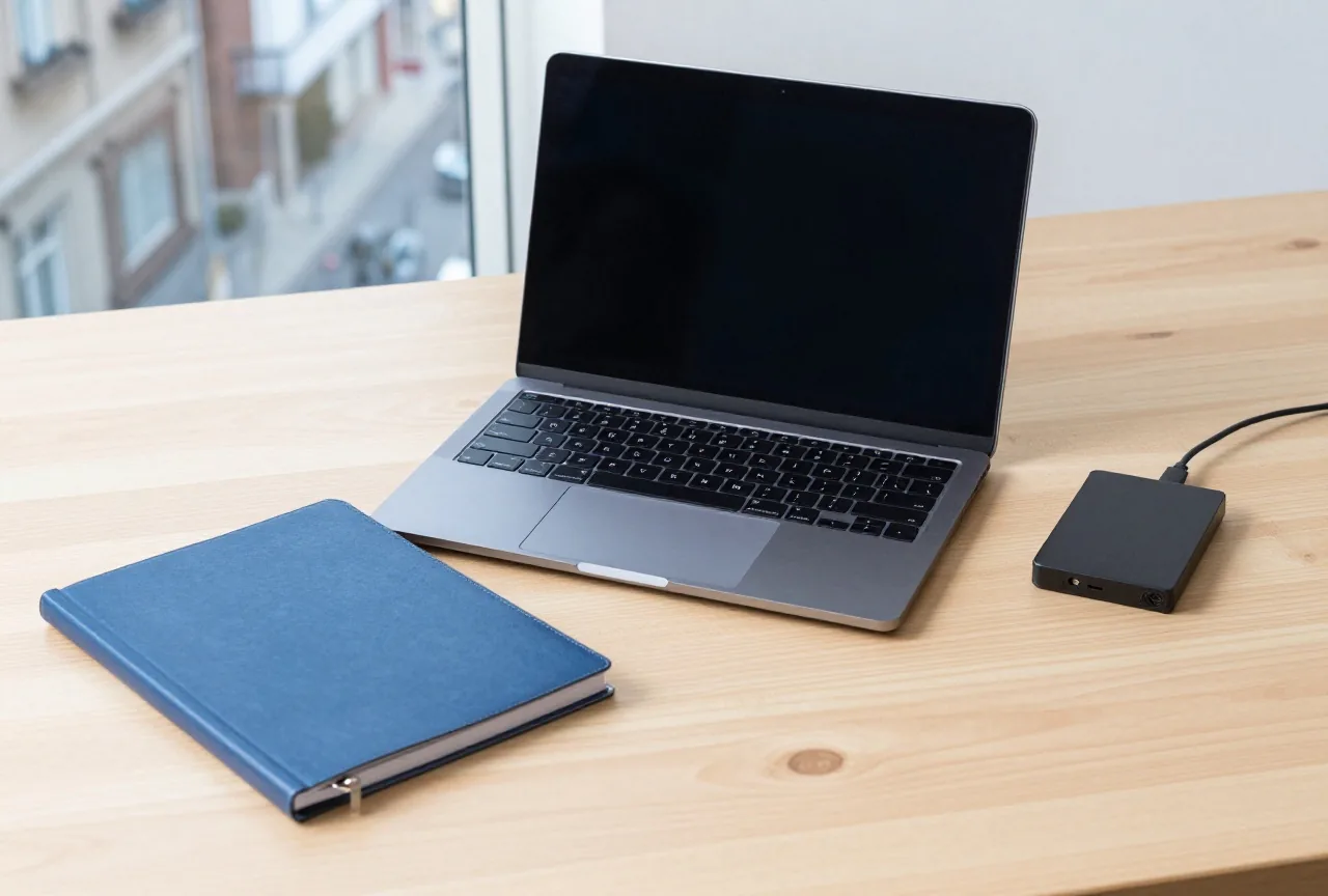 Ein zugeklappter Laptop neben einem geschlossenen Ordner und einer externen Festplatte auf einem hellen Holztisch