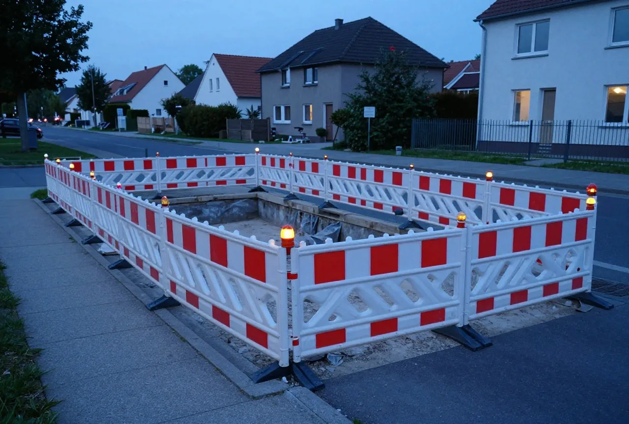 Eine abgesperrte Baugrube neben einem Gehweg in der Dämmerung, rot-weiße Absperrung mit leuchtenden Warnlampen