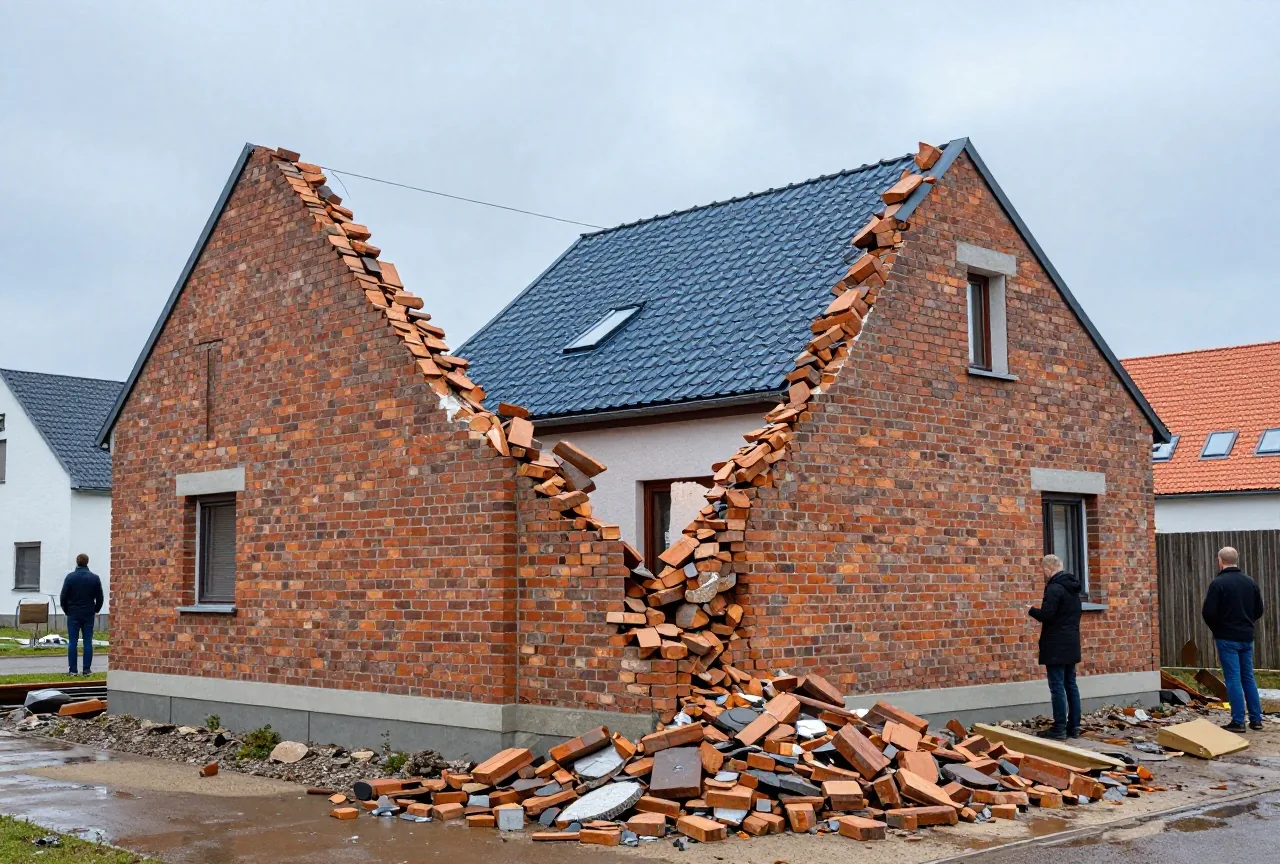 Eine eingestürzte Backsteinwand eines Rohbaus nach einem Sturm, Ziegel liegen auf nassem Boden