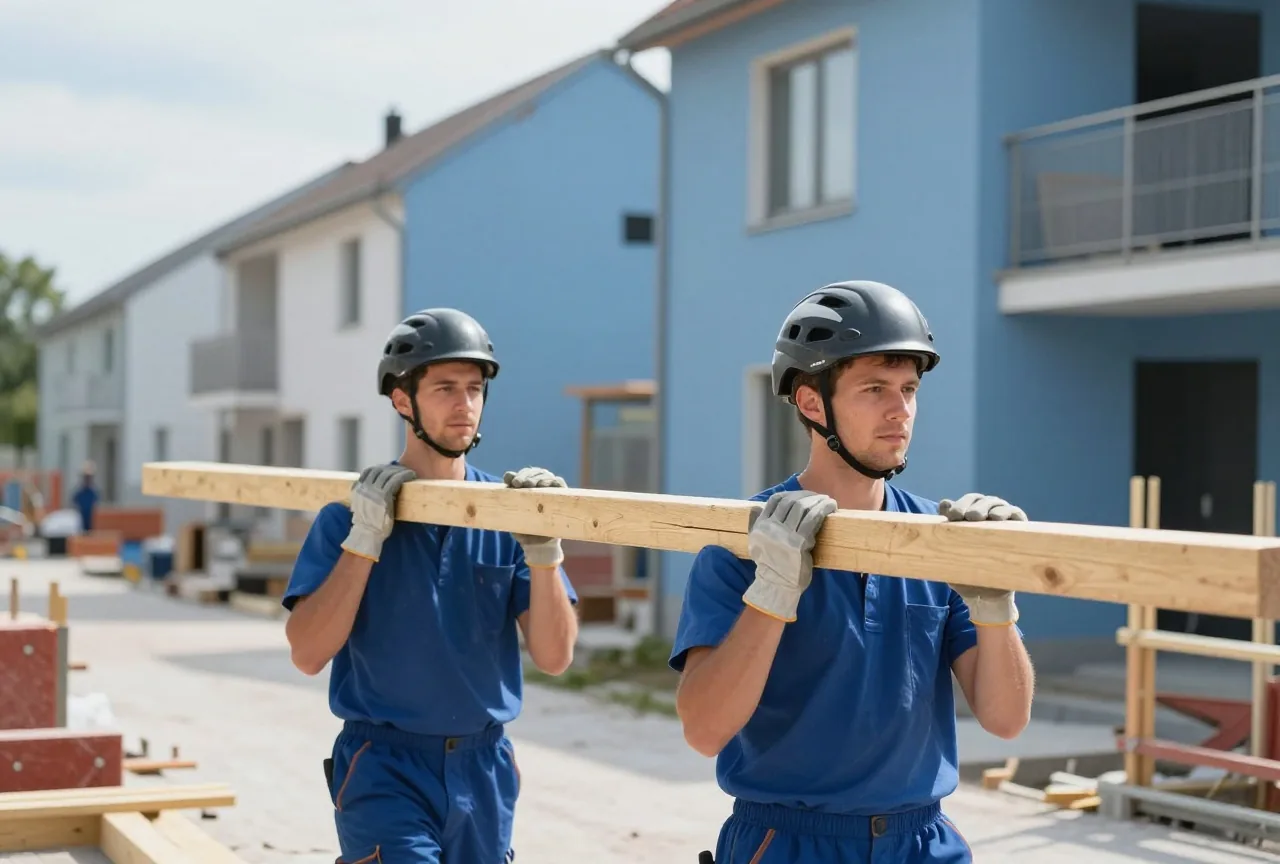 Zwei Männer in den Dreißigern mit Helm und Arbeitshandschuhen tragen einen Holzbalken über eine Baustelle