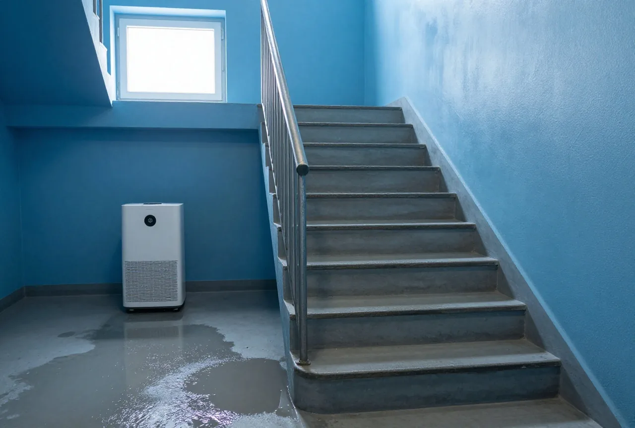 Eine Kellertreppe, auf der das Wasser bis zur dritten Stufe steht, daneben ein Luftentfeuchter