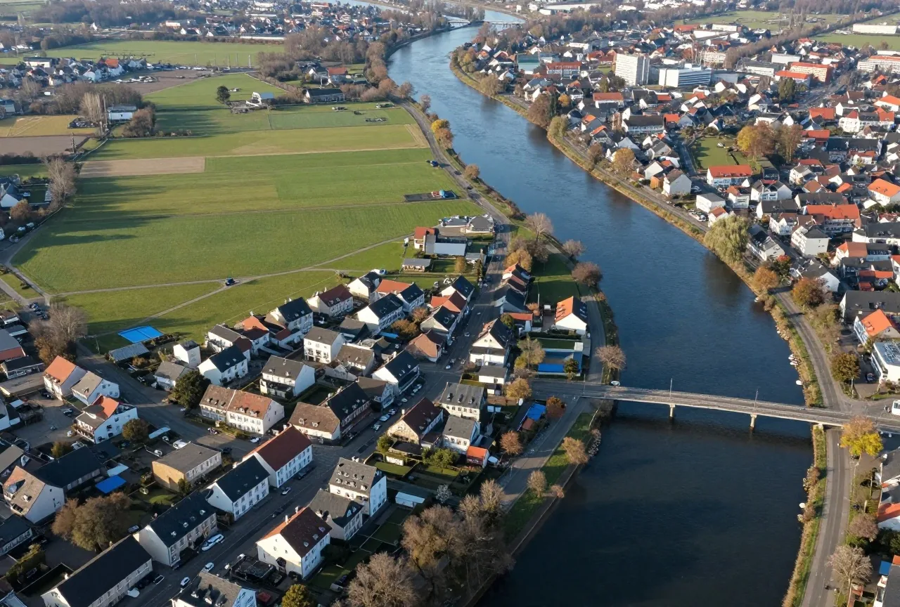 Luftaufnahme einer Kleinstadt an einem gewundenen Fluss mit breiten grünen Auenwiesen