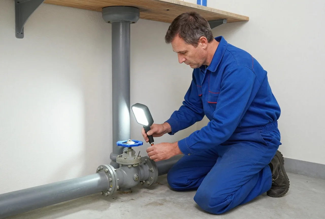 Ein Installateur um die fünfzig kniet im Keller und prüft eine Rückstauklappe an einem grauen Abflussrohr