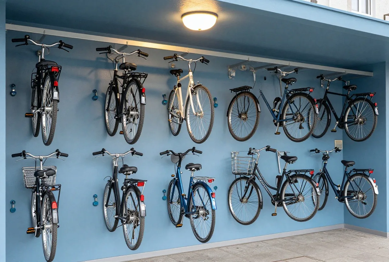 Ein aufgeräumter, abschließbarer Fahrradkeller mit mehreren Rädern in Wandhalterungen unter warmem Licht