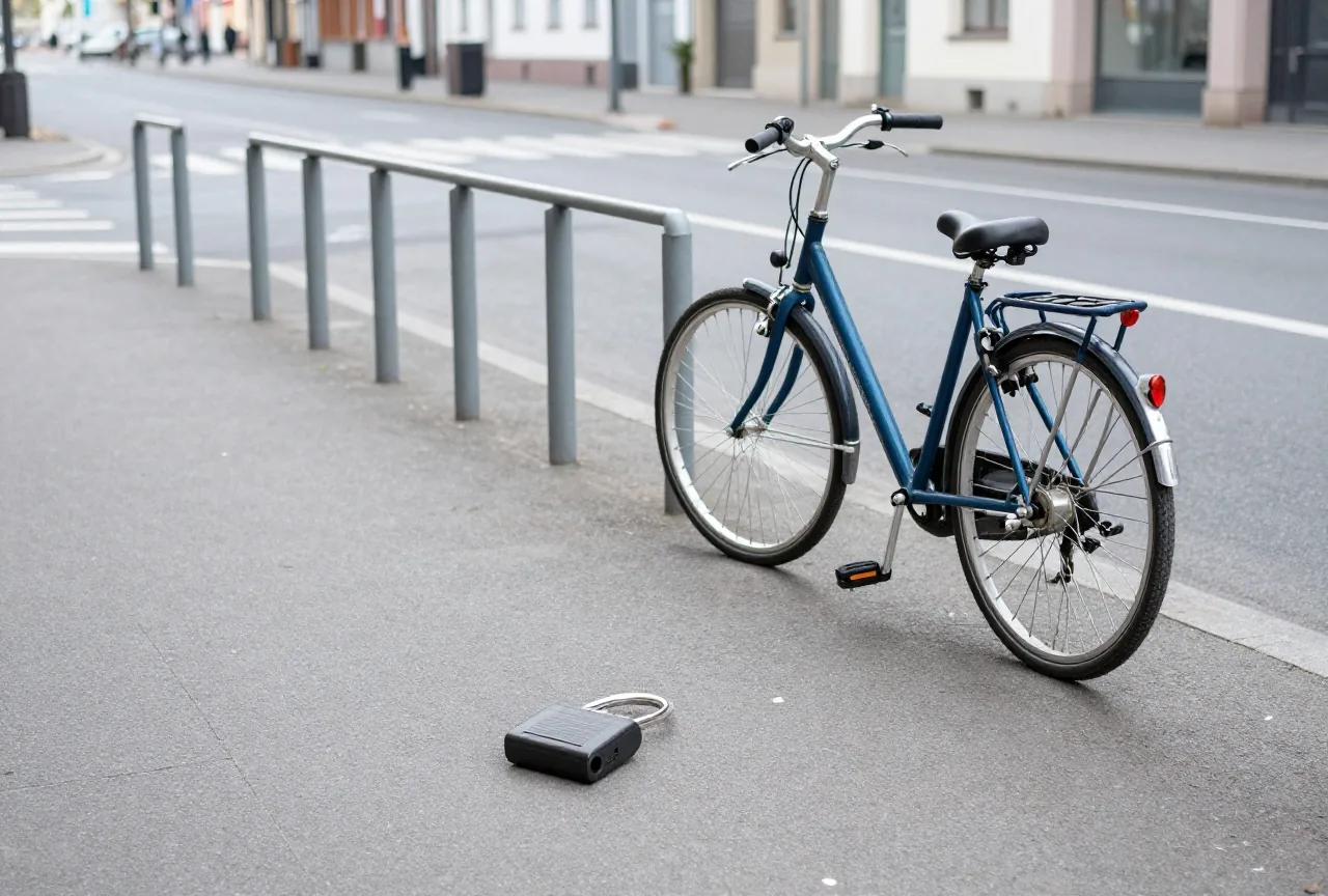 Ein aufgeschnittenes Fahrradschloss liegt auf dem Gehweg neben einem leeren Fahrradständer