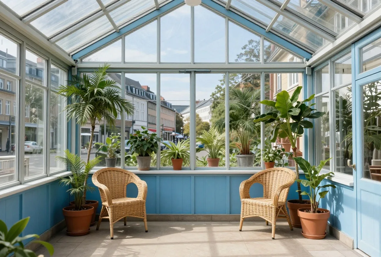 Ein heller Wintergarten mit Glasdach, Topfpflanzen und zwei Korbstühlen an einem sonnigen Morgen
