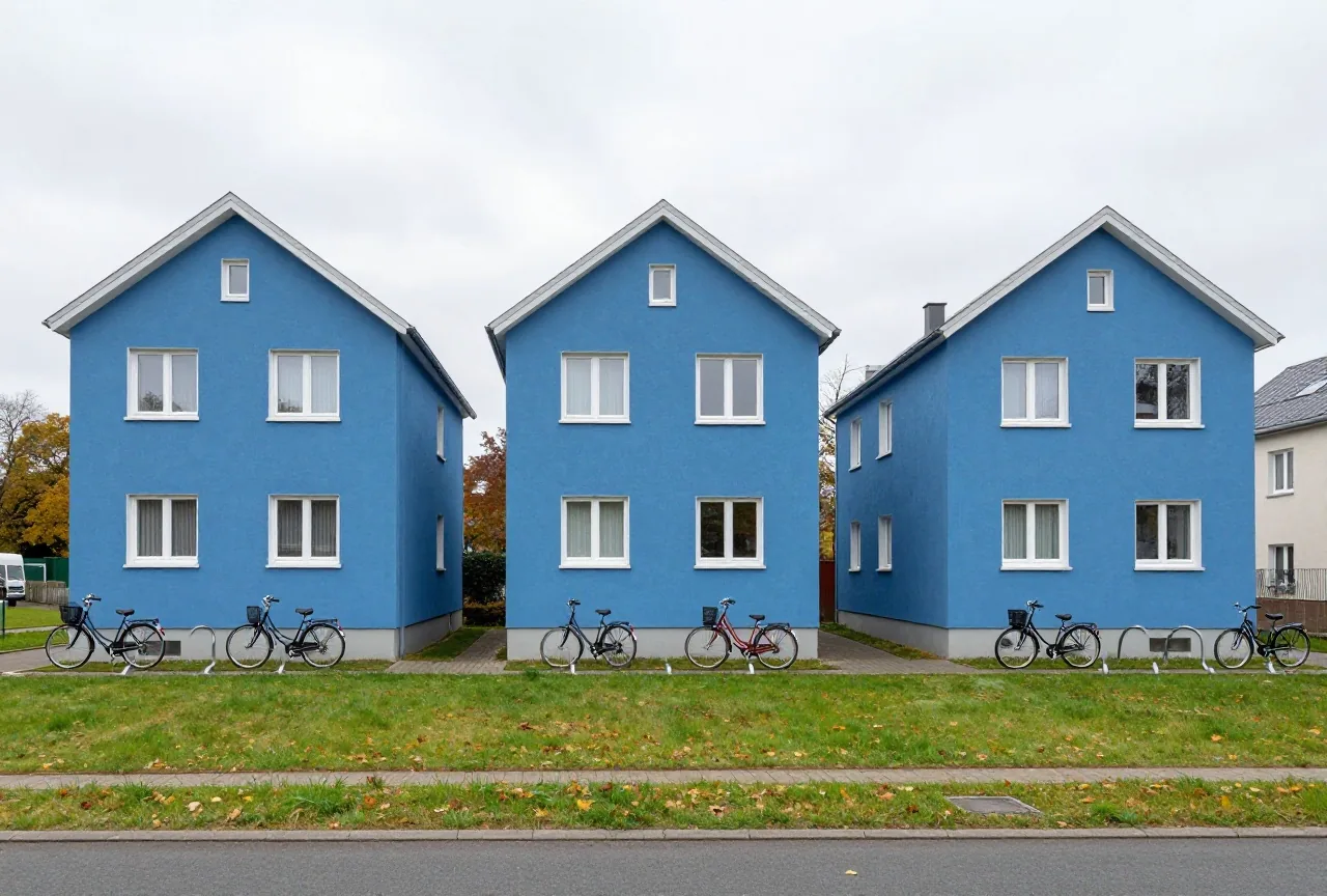 Drei kleine Mehrfamilienhäuser mit gemeinsamer Rasenfläche und Fahrradständern an einem bewölkten Herbsttag