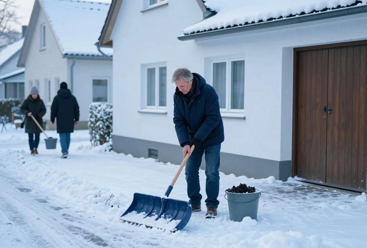 Ein Mann um die sechzig räumt mit einer breiten Schneeschaufel den Gehweg vor seinem Haus, daneben ein Eimer Streugut