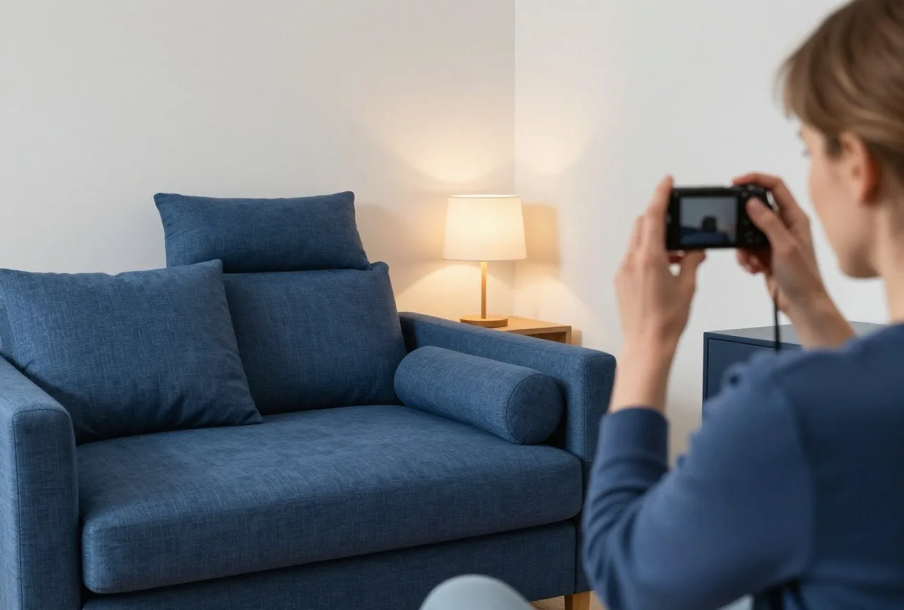 Eine Frau um die fünfzig fotografiert die Möbel in ihrem Wohnzimmer mit einer kleinen Kamera