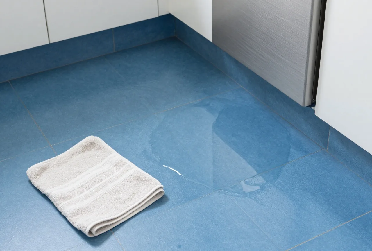 Ein Küchenboden mit einer flachen Wasserpfütze, die unter dem Spülenschrank hervorläuft, daneben ein Handtuch
