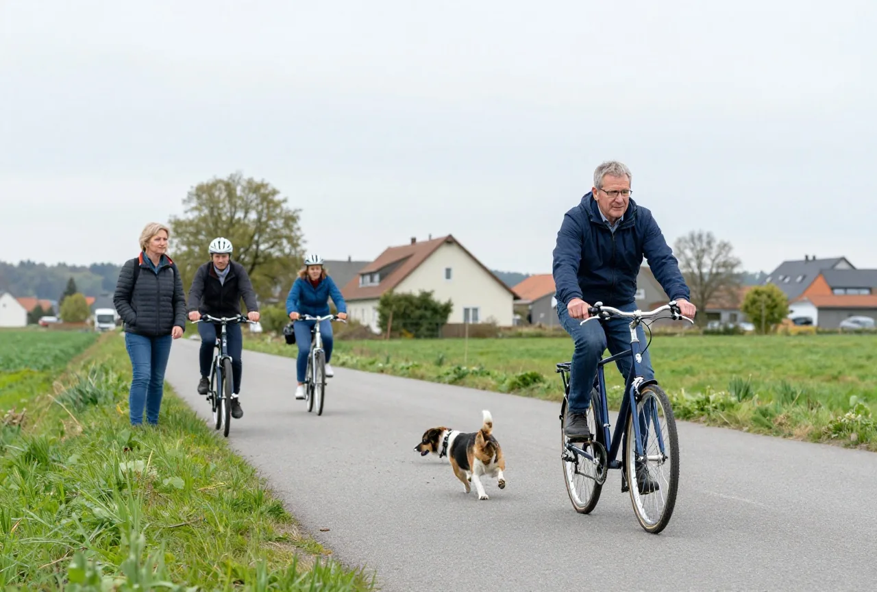 Ein Radfahrer in den Fünfzigern bremst auf einem Feldweg, weil ein freilaufender Hund vor ihm quert