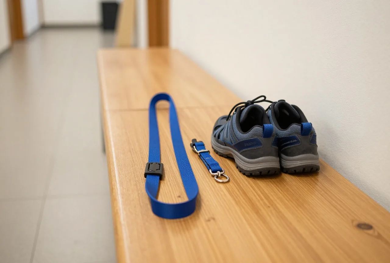 Eine Hundeleine und ein Halsband liegen auf einer Holzbank im Flur neben einem Paar Wanderschuhe
