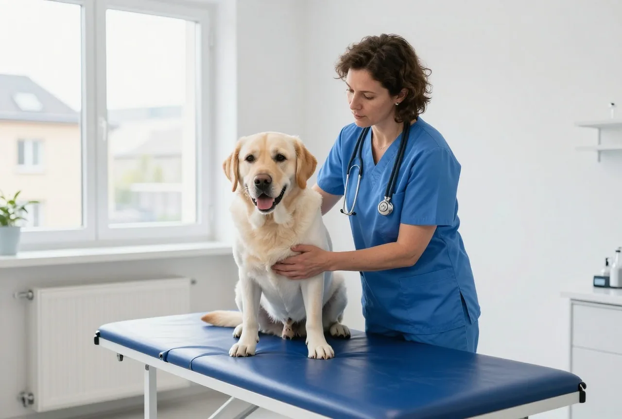 Eine Tierärztin in den Dreißigern untersucht behutsam einen ruhigen Labrador auf dem Behandlungstisch