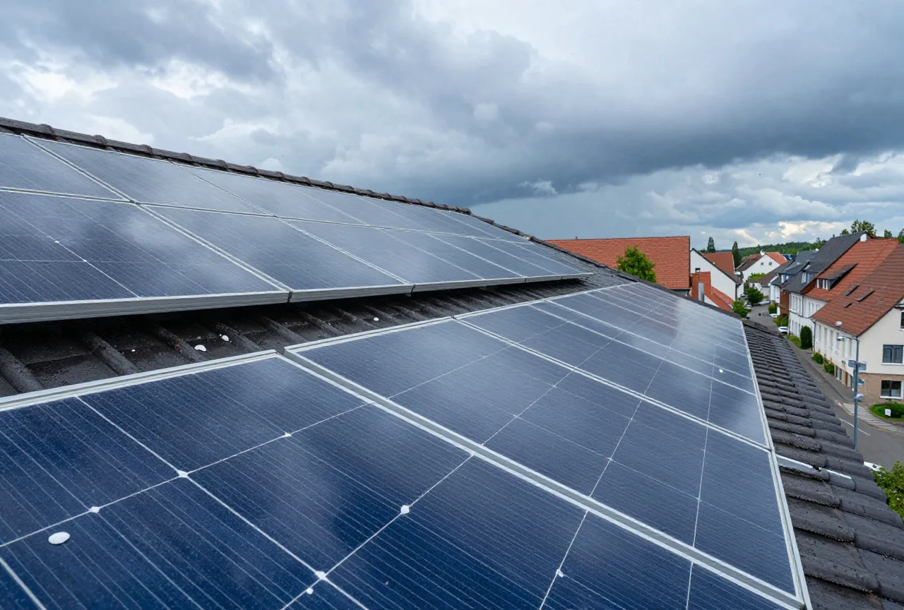 Hagelkörner liegen nach einem Sommergewitter auf einem nassen Ziegeldach neben Solarmodulen, dunkle Wolken ziehen ab
