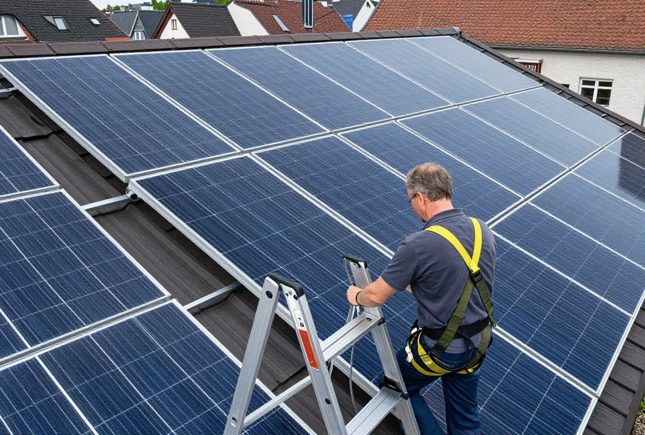 Ein Techniker in den Vierzigern mit Sicherheitsgurt prüft Solarmodule auf einem Schrägdach, vorne steht eine Leiter