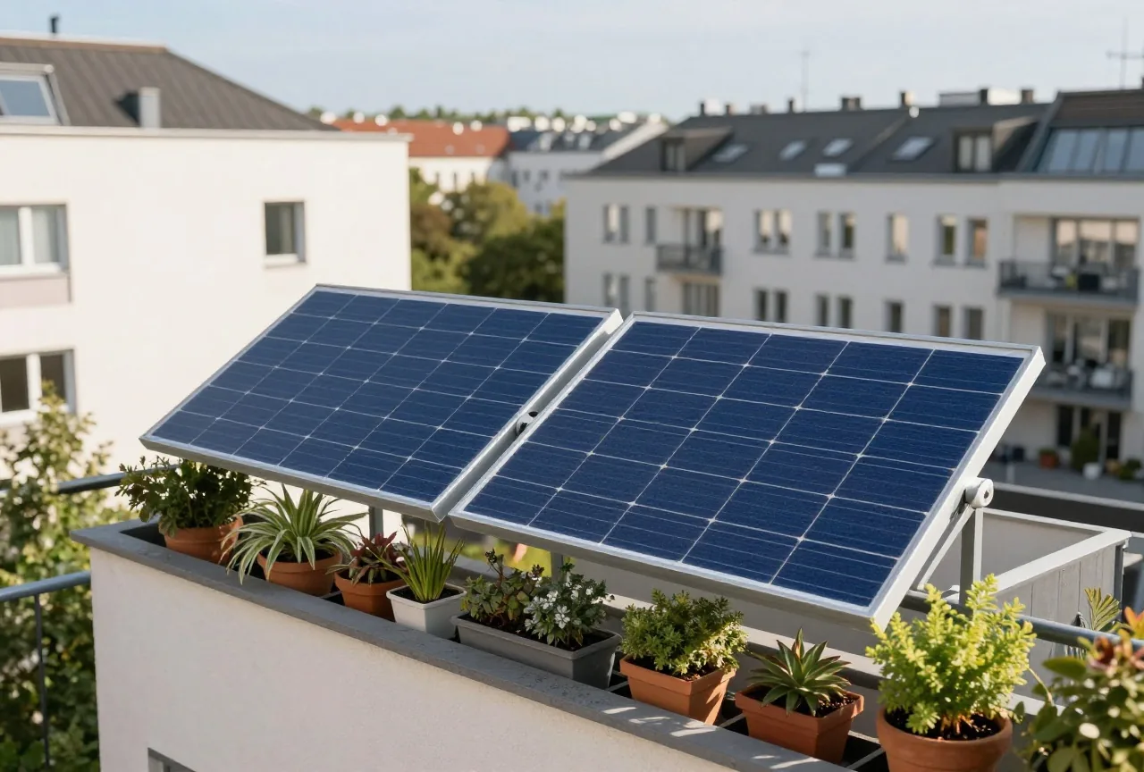 Zwei kleine Solarmodule am Geländer eines Wohnungsbalkons mit Topfpflanzen, im Hintergrund Stadthäuser