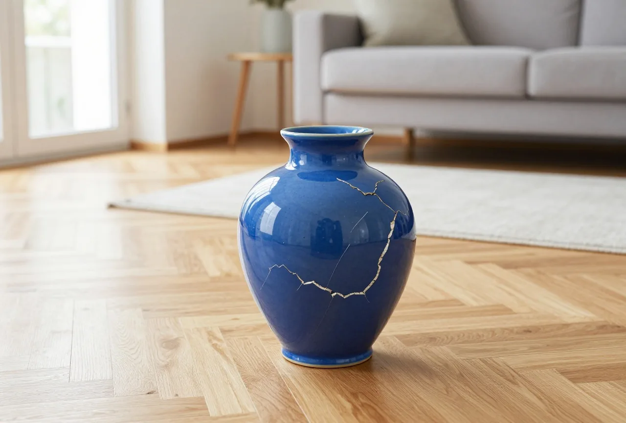 Eine zerbrochene Keramikvase liegt auf einem Parkettboden in einem hellen Wohnzimmer, dahinter Sofa und Teppich
