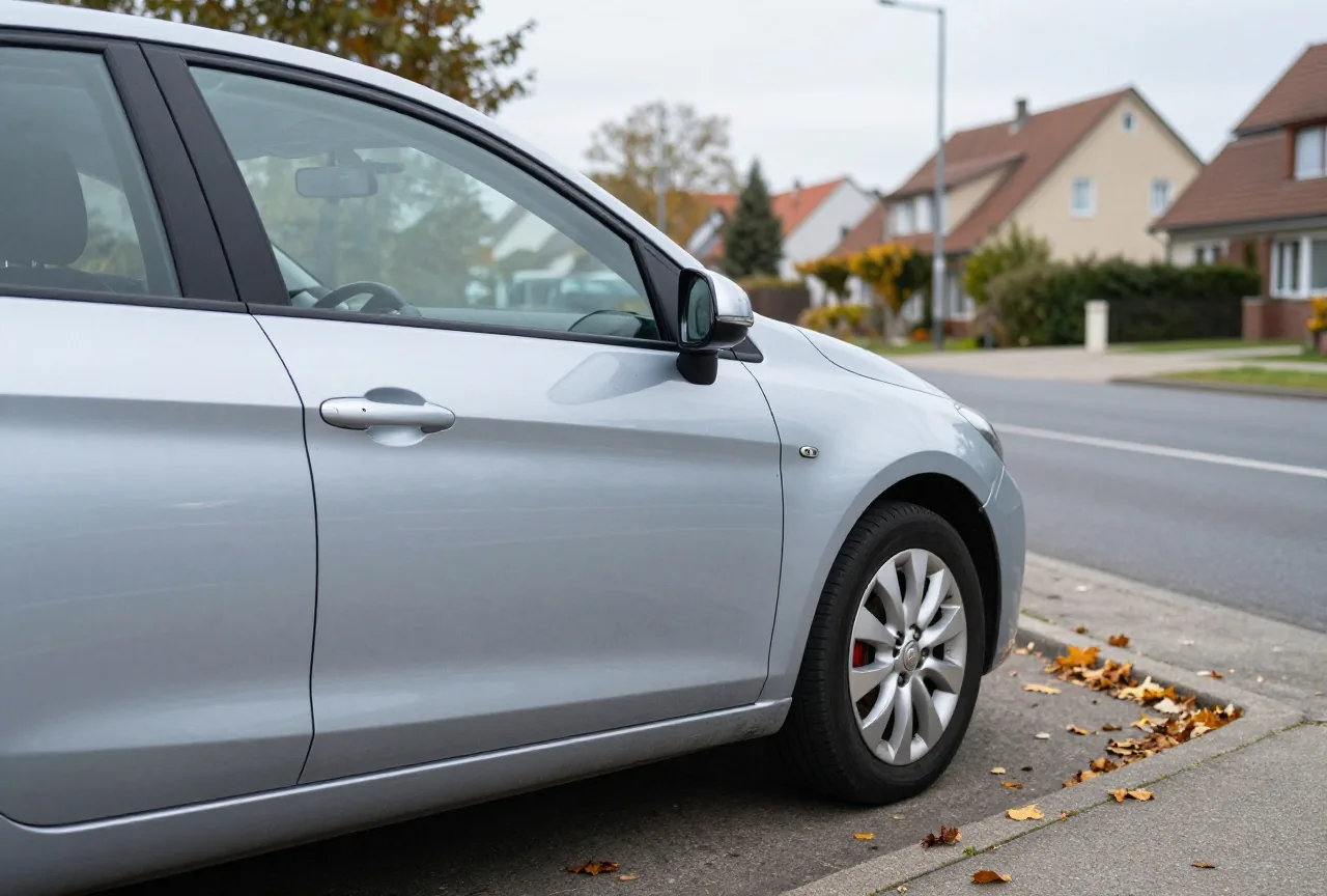 Ein geparktes silbernes Auto mit einer kleinen Delle in der Tür am Gehweg, auf dem Boden liegt Herbstlaub