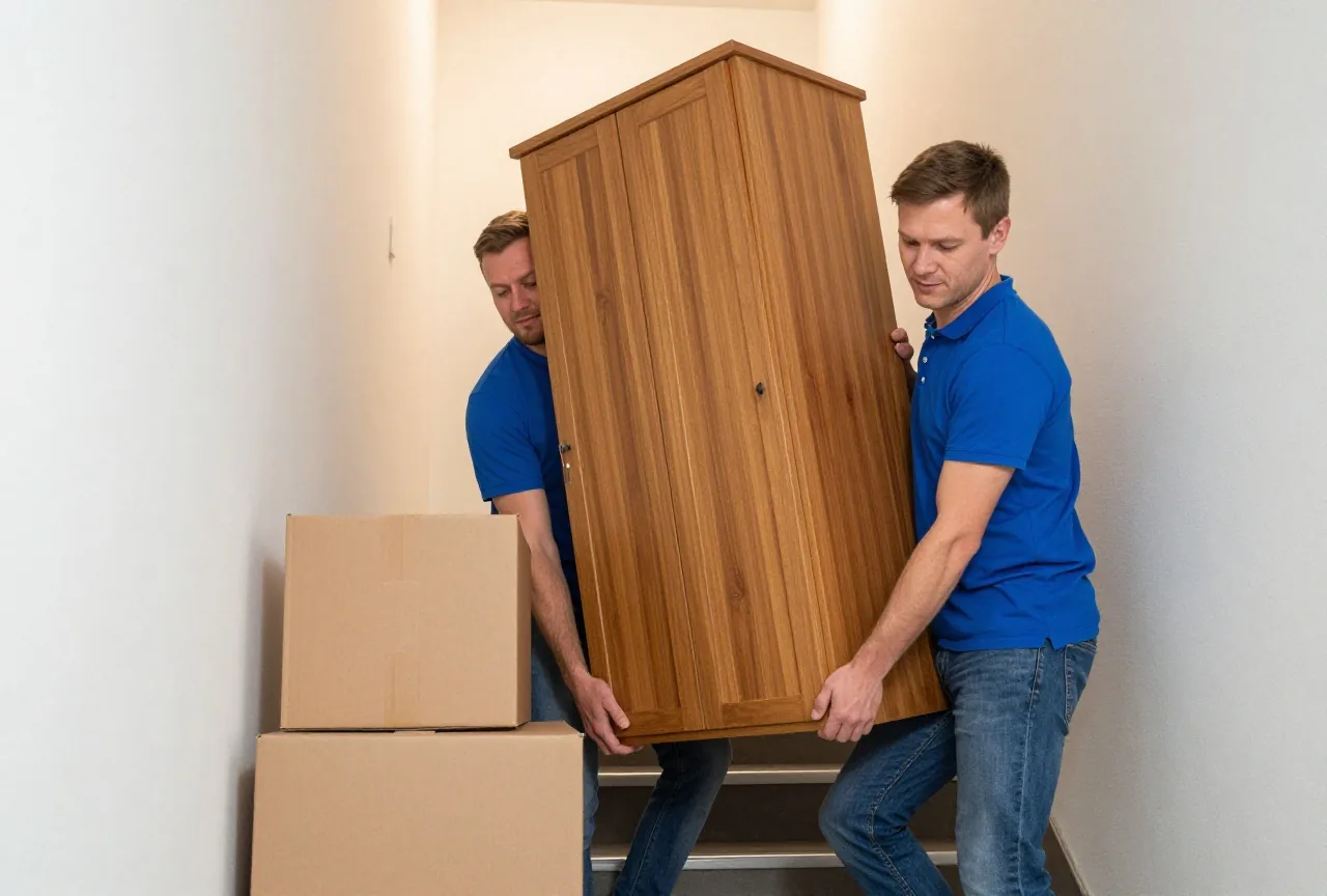 Zwei Erwachsene tragen einen schweren Holzschrank durch ein enges Treppenhaus, auf dem Absatz stehen Umzugskartons