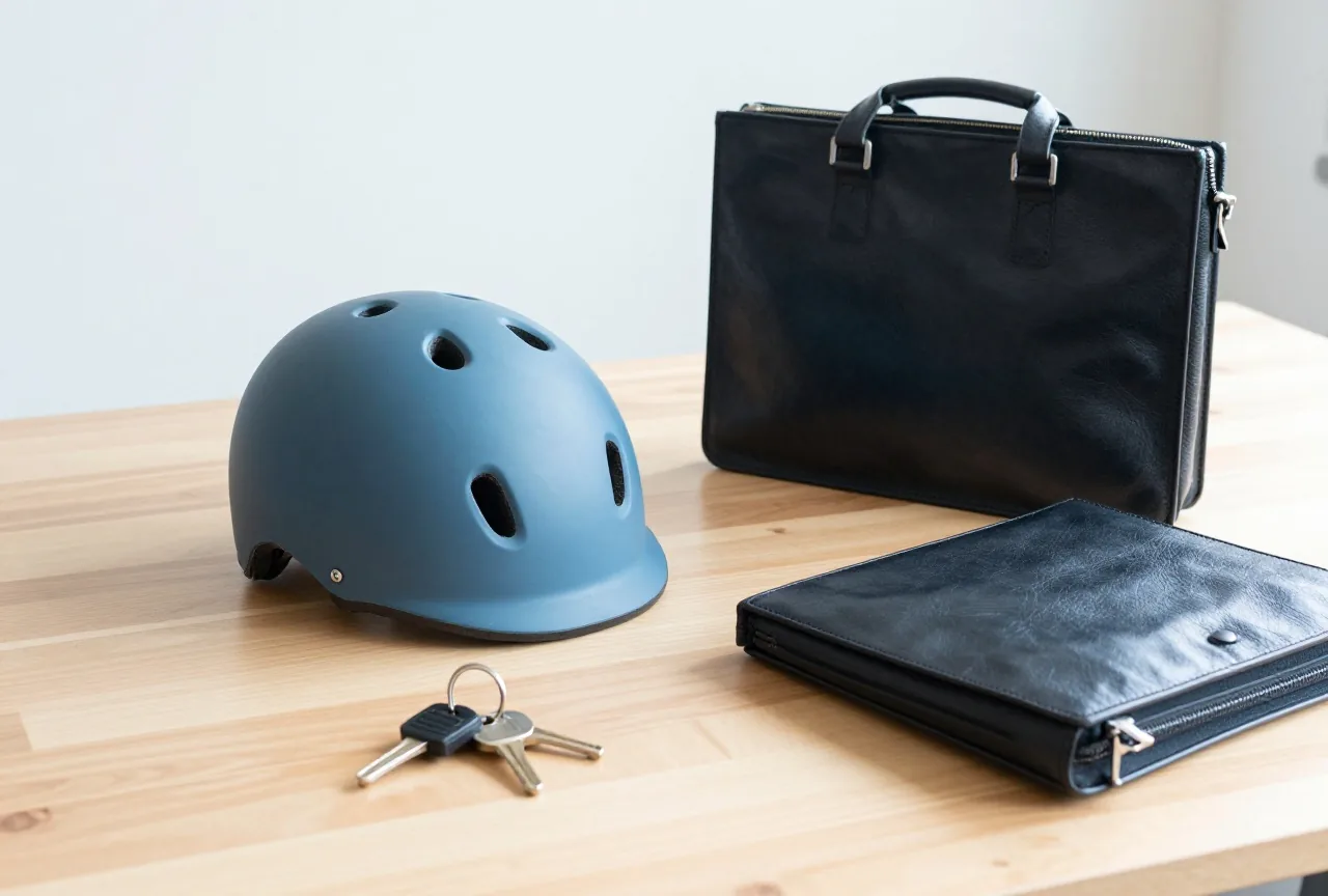 Ein Fahrradhelm, ein Schlüsselbund und eine Ledertasche liegen auf einem hellen Holztisch im weichen Licht
