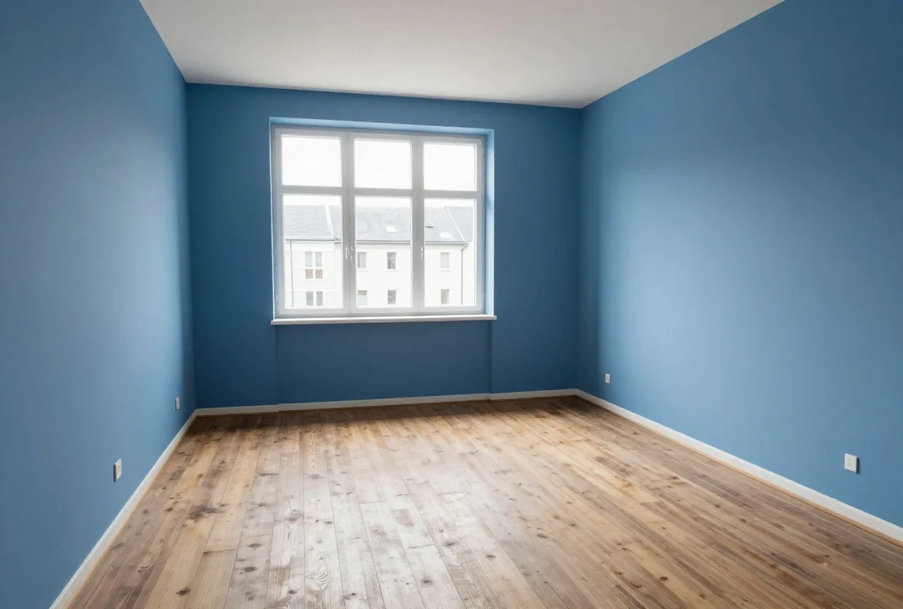 Eine leere Mietwohnung mit kahlen Wänden und abgenutztem Holzboden, Sonnenlicht fällt durch ein großes Fenster