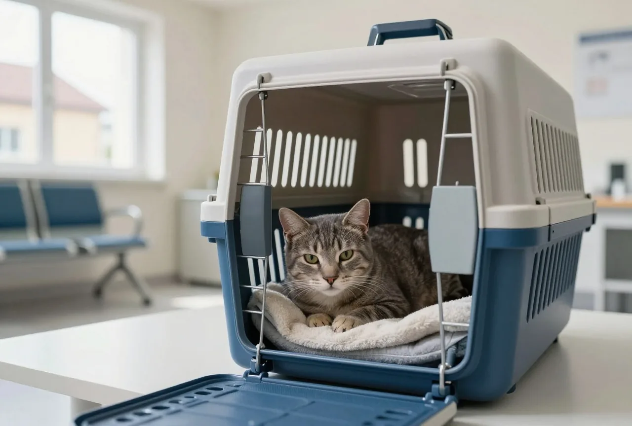 Eine graue getigerte Katze liegt auf einer Decke in einer offenen Transportbox im Wartezimmer einer Tierarztpraxis