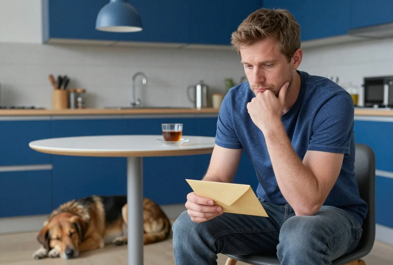 Ein Mann um die dreißig sitzt nachdenklich am Küchentisch mit einem Umschlag, neben ihm schläft ein Hund auf dem Boden