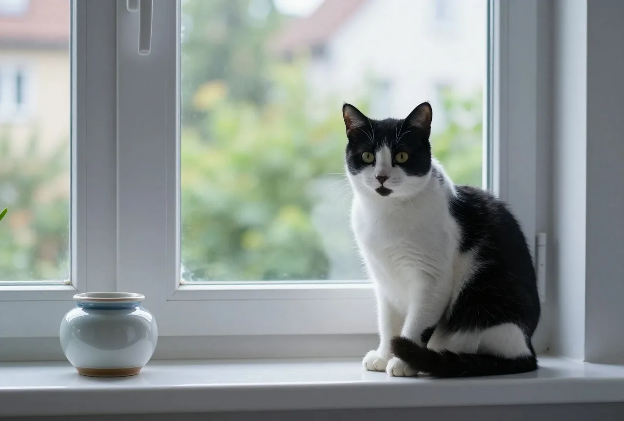 Eine junge schwarzweiße Katze sitzt auf einer Fensterbank neben einem kleinen Keramikgefäß, draußen unscharf ein grüner Garten