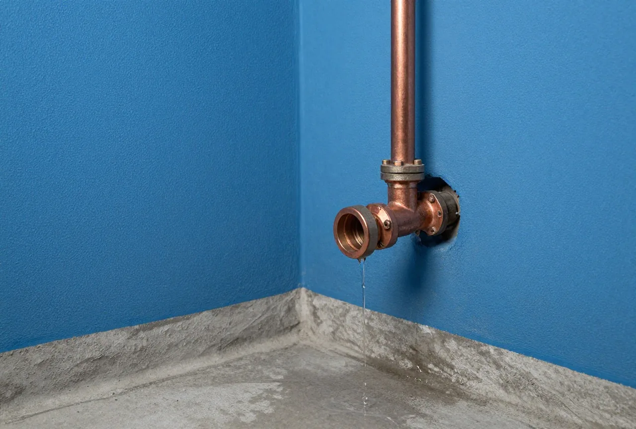 Ein geplatztes Kupferrohr in einer Kellerwand, aus dem Wasser auf den Betonboden tropft