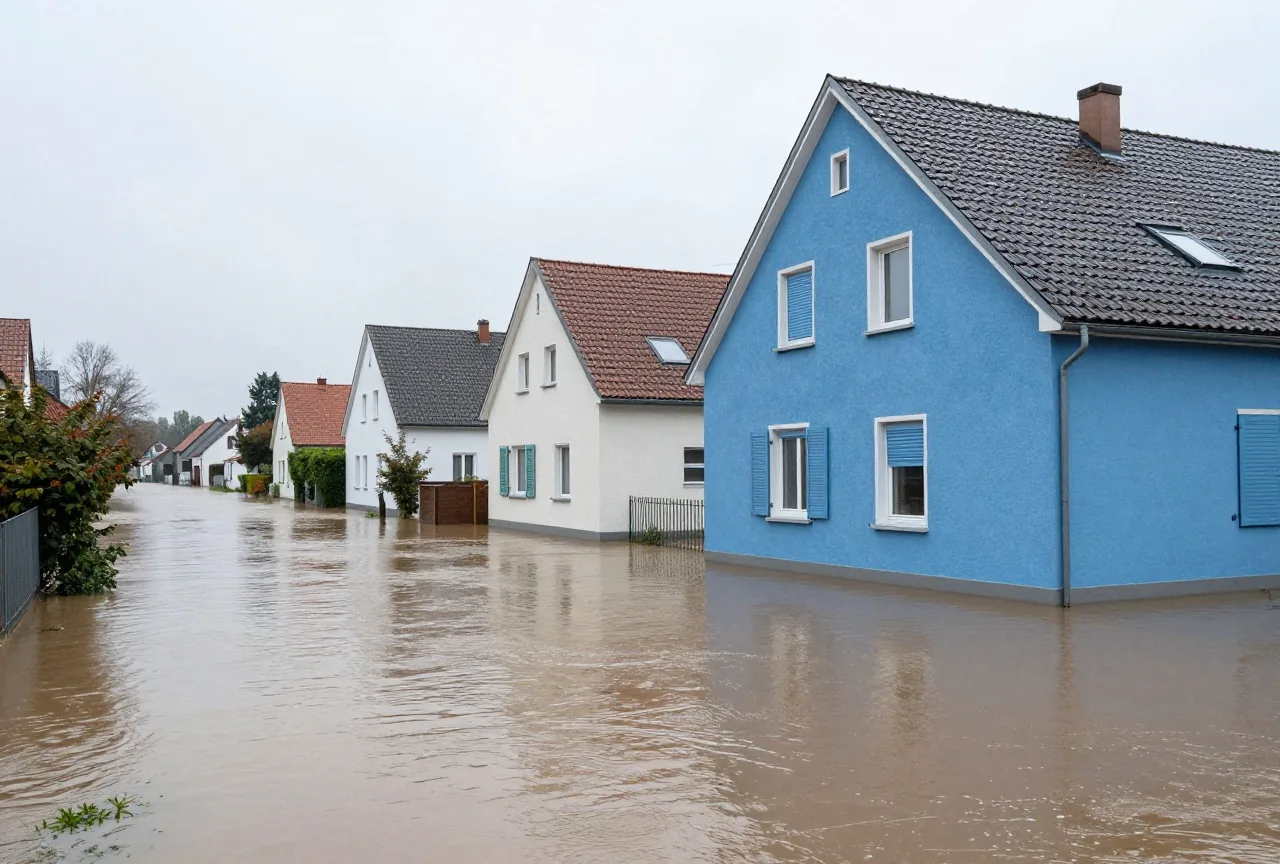 Eine Wohnstraße nach Starkregen teilweise unter braunem Hochwasser, Häuser mit geschlossenen Fensterläden