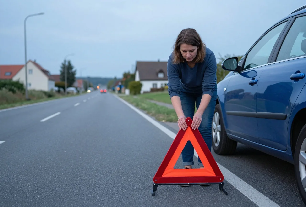 Eine Frau um die dreißig stellt am Rand einer Landstraße ein rotes Warndreieck hinter ihrem Auto auf
