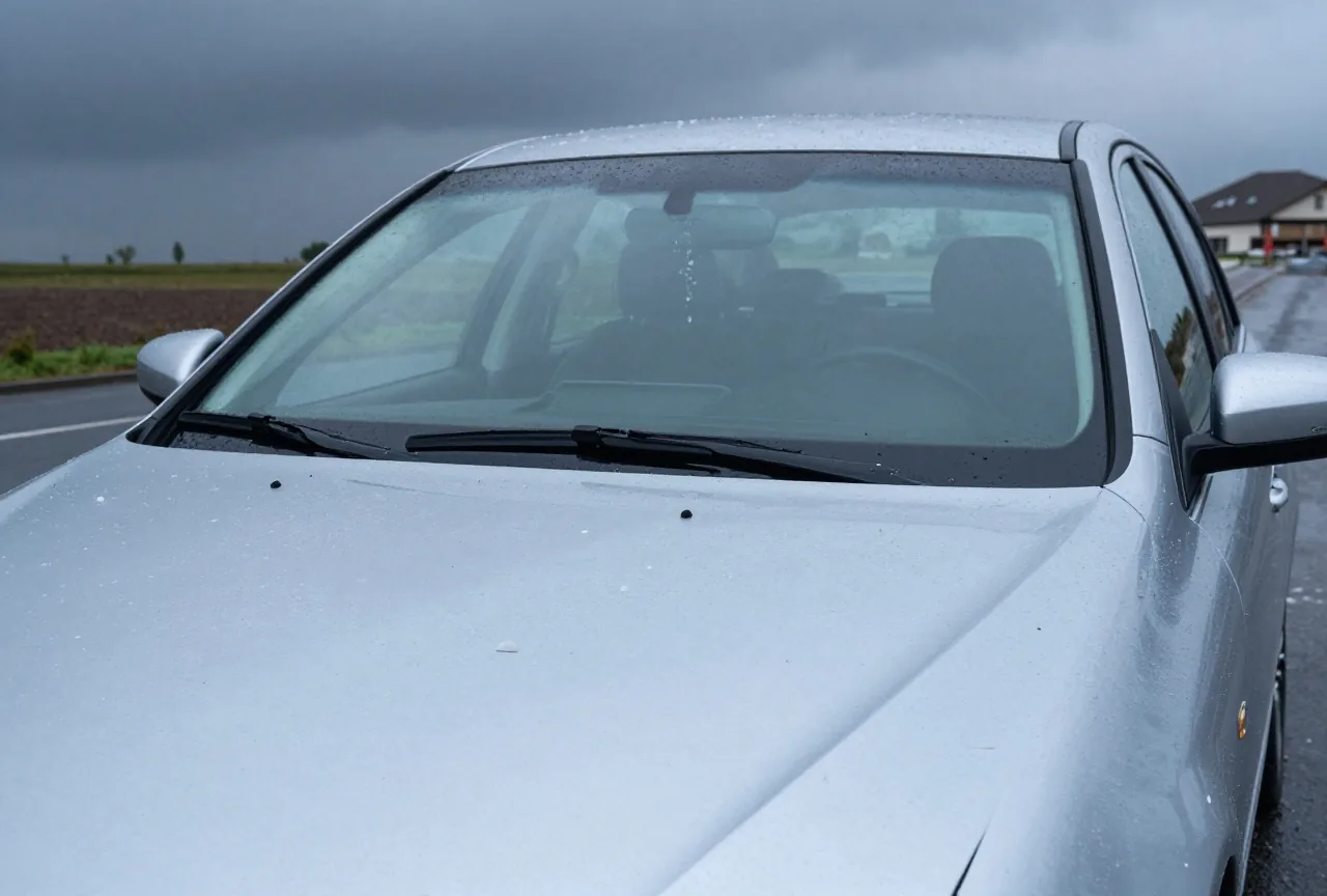 Hagelkörner liegen nach einem Sommergewitter auf Motorhaube und Windschutzscheibe eines silbernen Autos