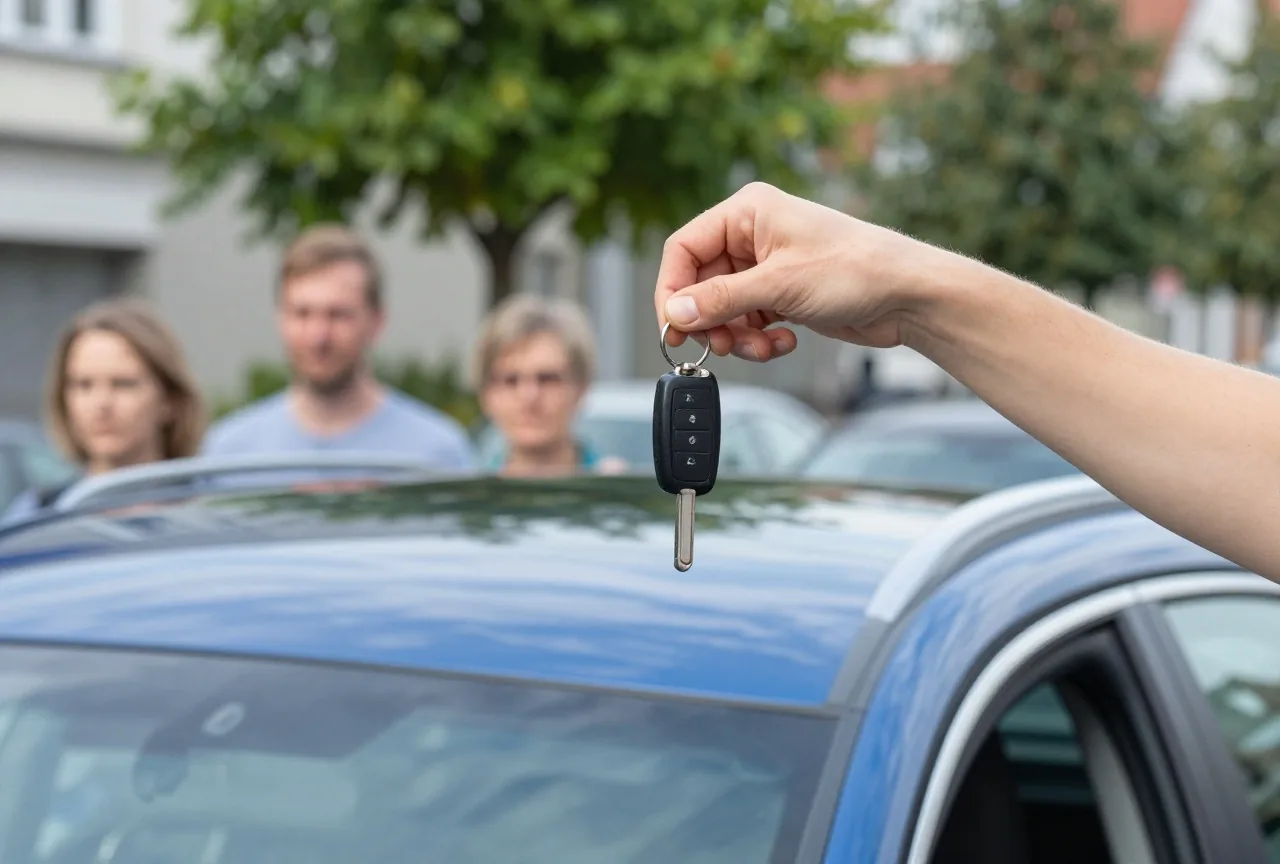 Eine Hand übergibt über einem Autodach einen Autoschlüssel an eine andere Hand