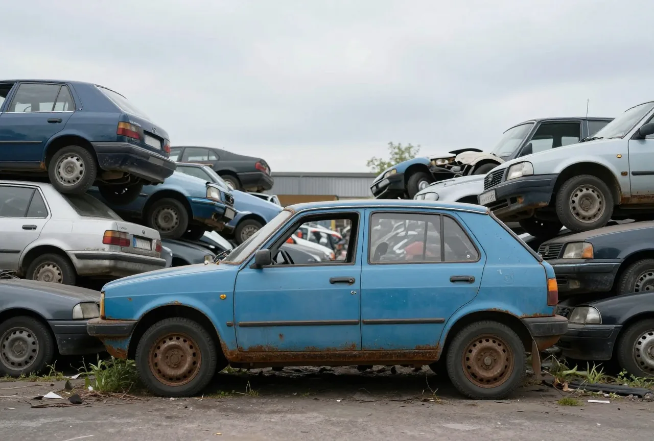 Ein altes rostiges Auto steht auf einem Schrottplatz zwischen gestapelten Karosserien