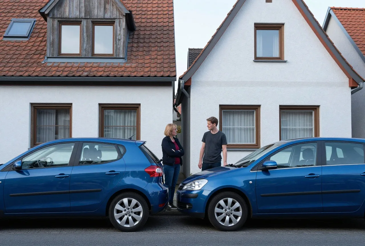 Zwei Autos vor einem Einfamilienhaus, daneben unterhalten sich eine Frau in den Fünfzigern und ein junger Mann