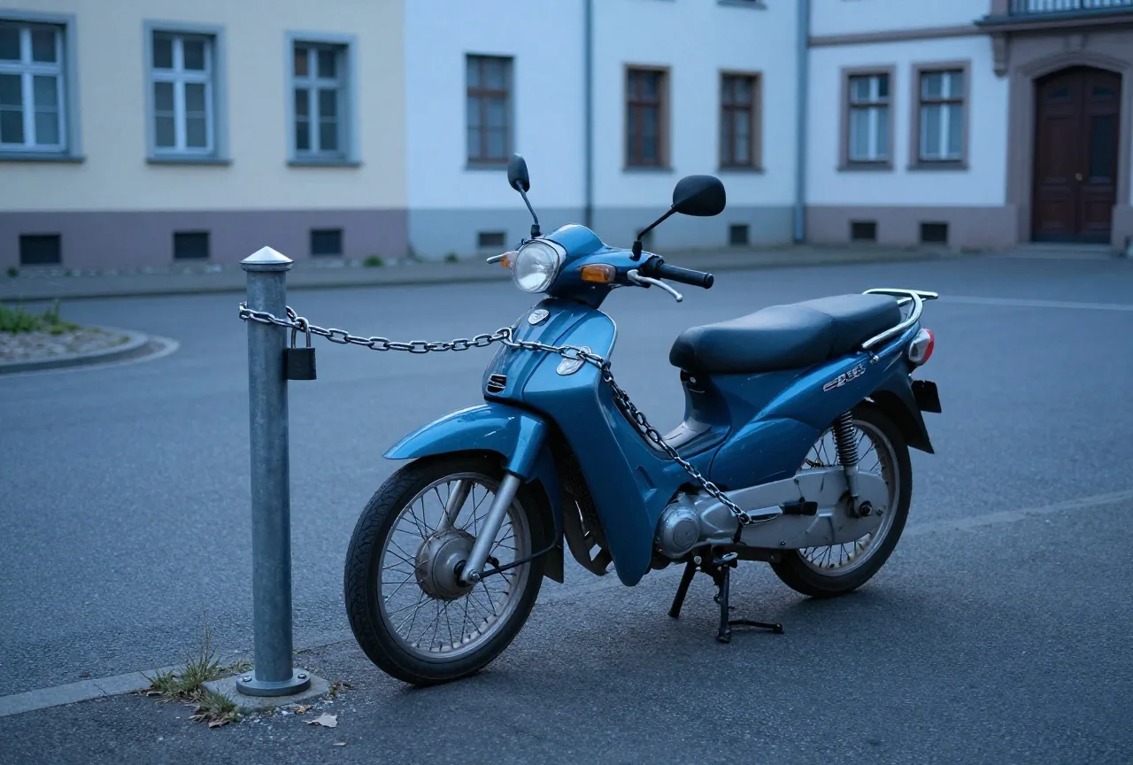 Ein Motorrad ist in der Abenddämmerung in einem Innenhof mit einem schweren Kettenschloss an einem Metallpfosten gesichert