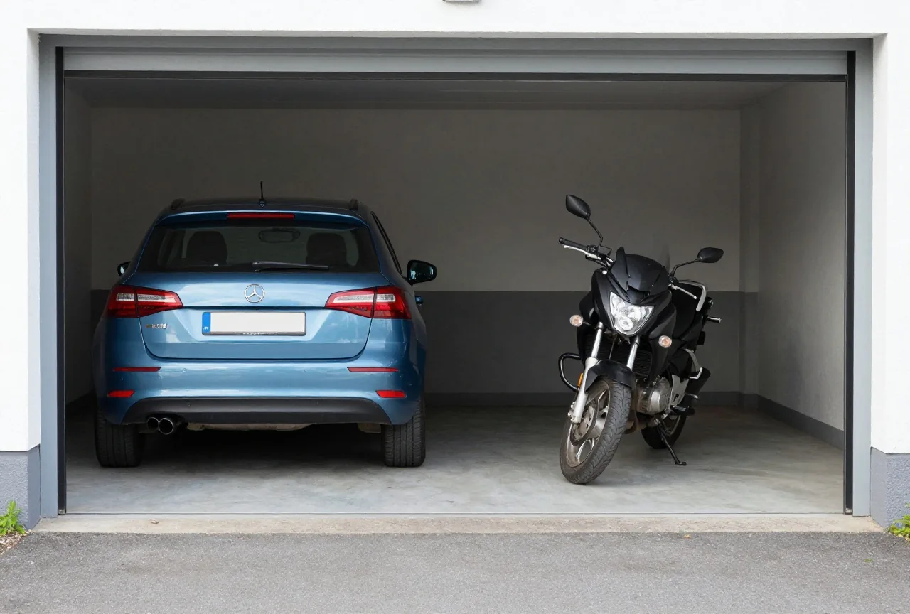 Ein Auto und ein Motorrad stehen nebeneinander in einer Doppelgarage, Tageslicht fällt durch das offene Tor