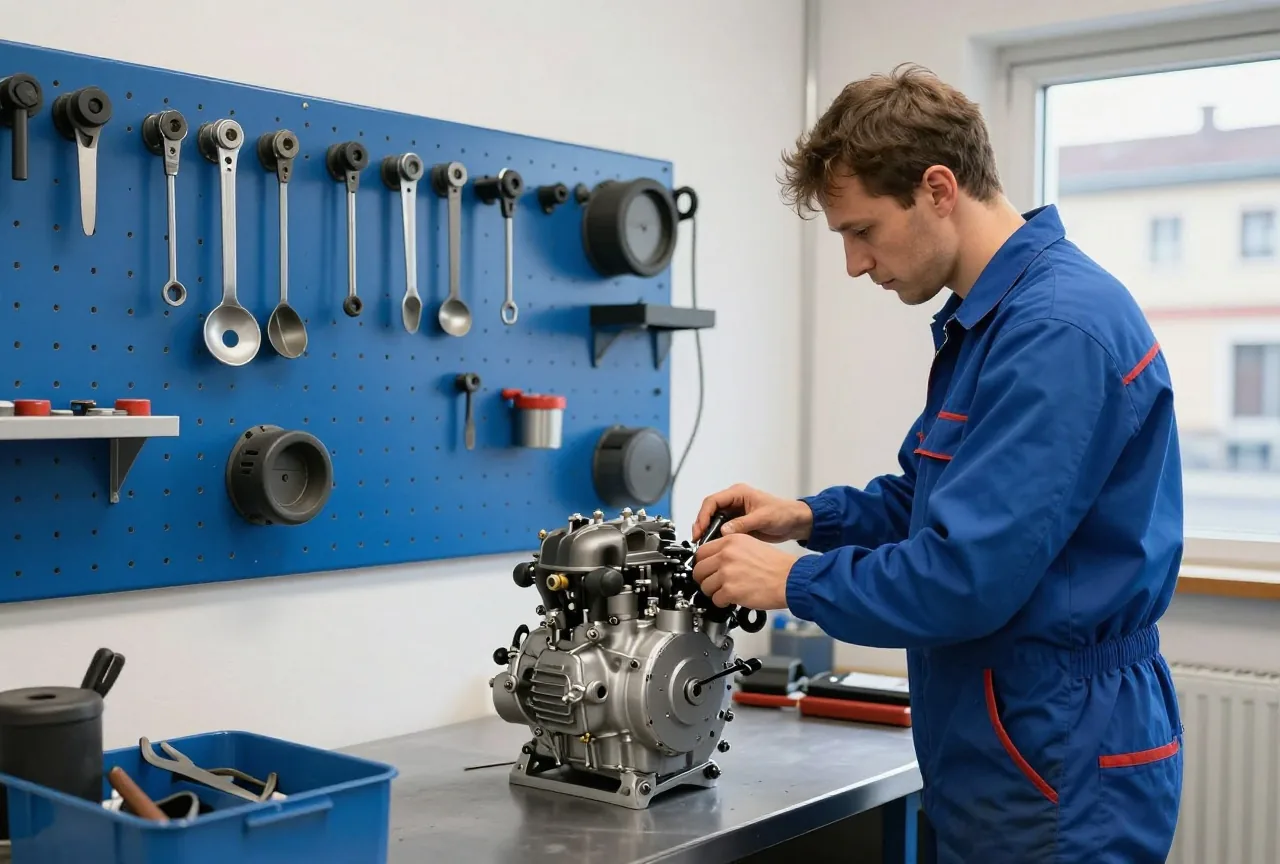 Ein Mechaniker in den Dreißigern arbeitet in einer aufgeräumten Werkstatt am Motor eines Motorrads, Werkzeug hängt an der Wand