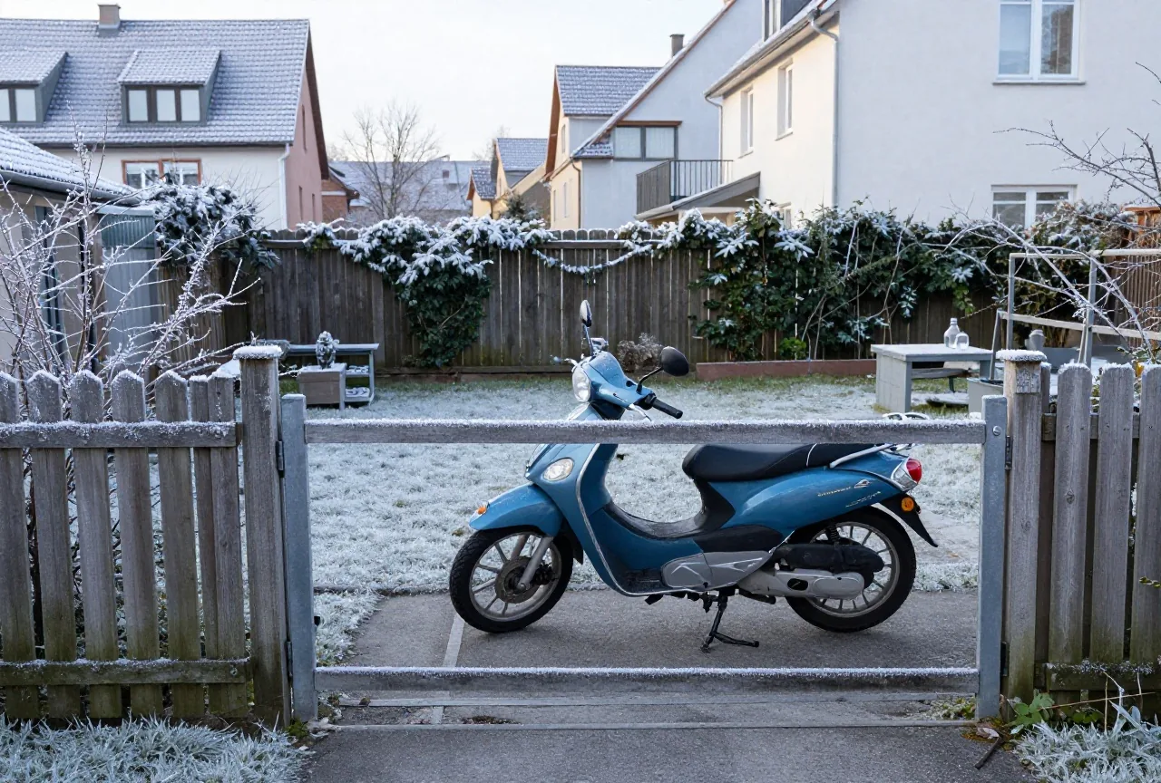 Ein Motorrad steht an einem frostigen Wintermorgen in einem eingezäunten Hinterhof hinter einem Holztor